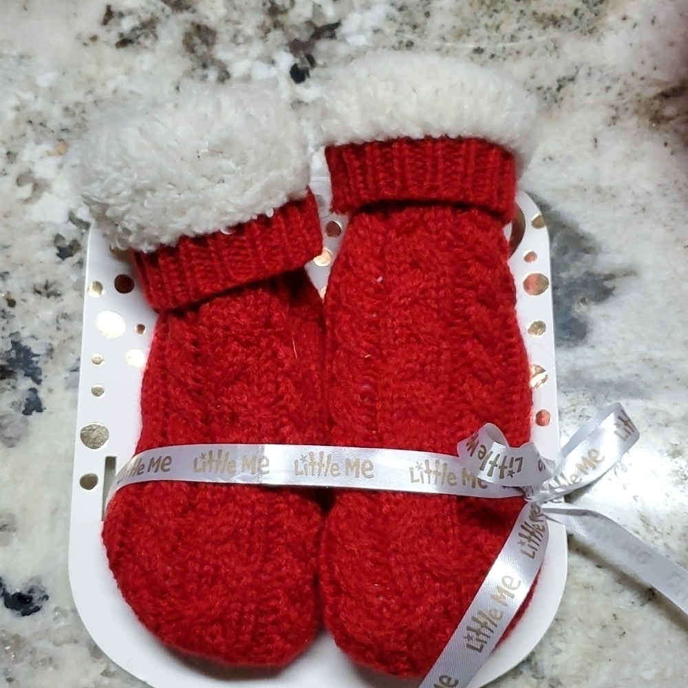 Little Me faux fur knitted booties 6-12m Holiday Christmas Santa boots